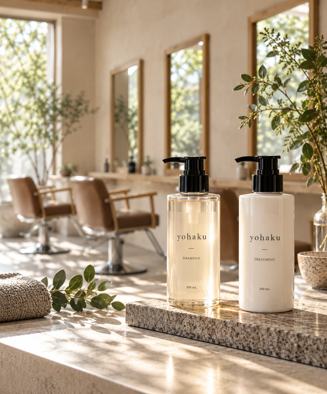 自然光が差し込むサロンに並ぶ、余白 hair salon オリジナルシャンプーとトリートメント。