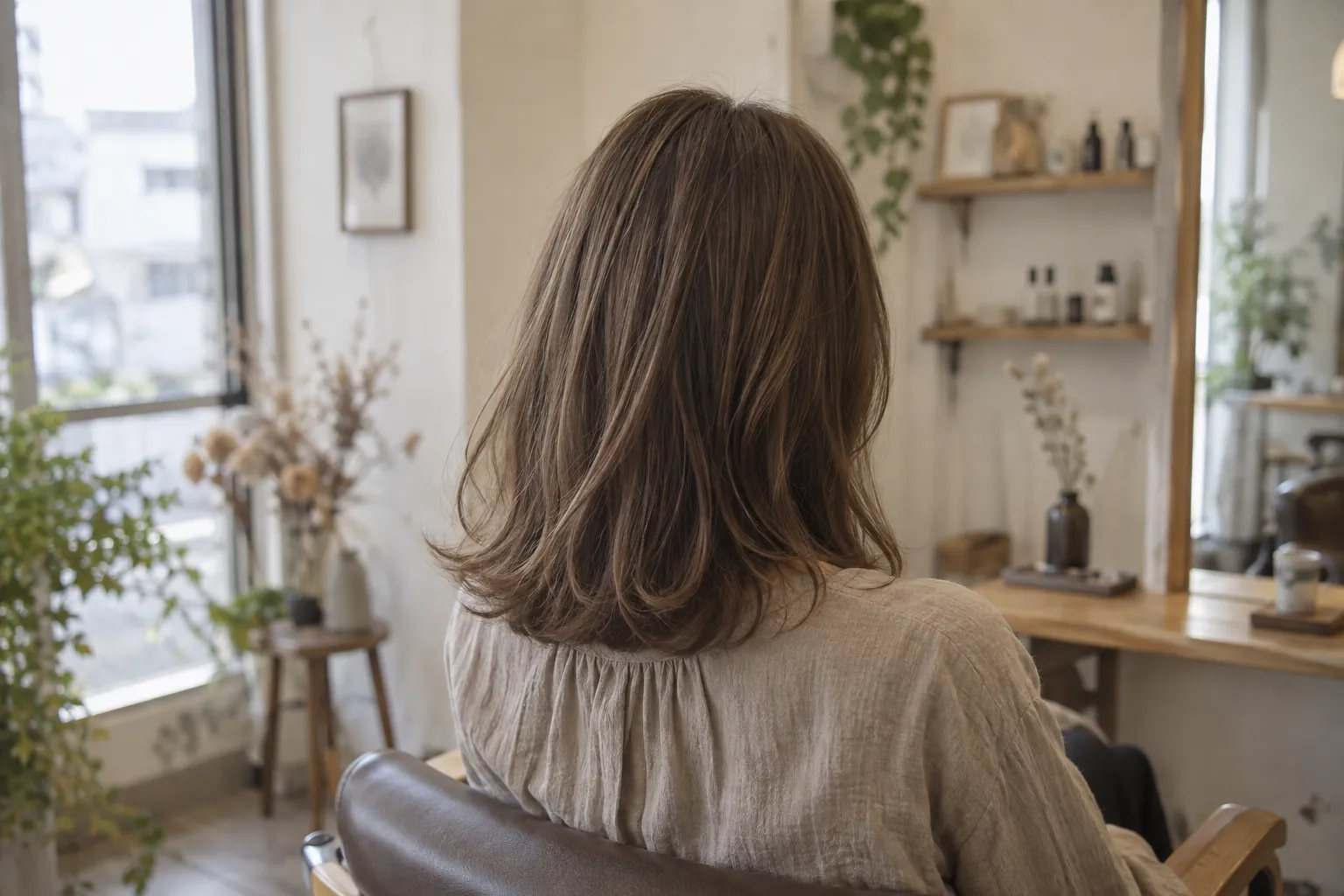 柔らかなベージュブラウンのレイヤーヘアの後ろ姿
